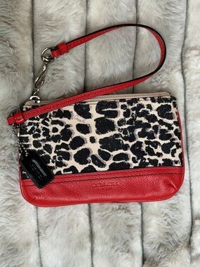 Coach Ocelot/Leopard Print Canvas Wristlet with Red Leather Trim